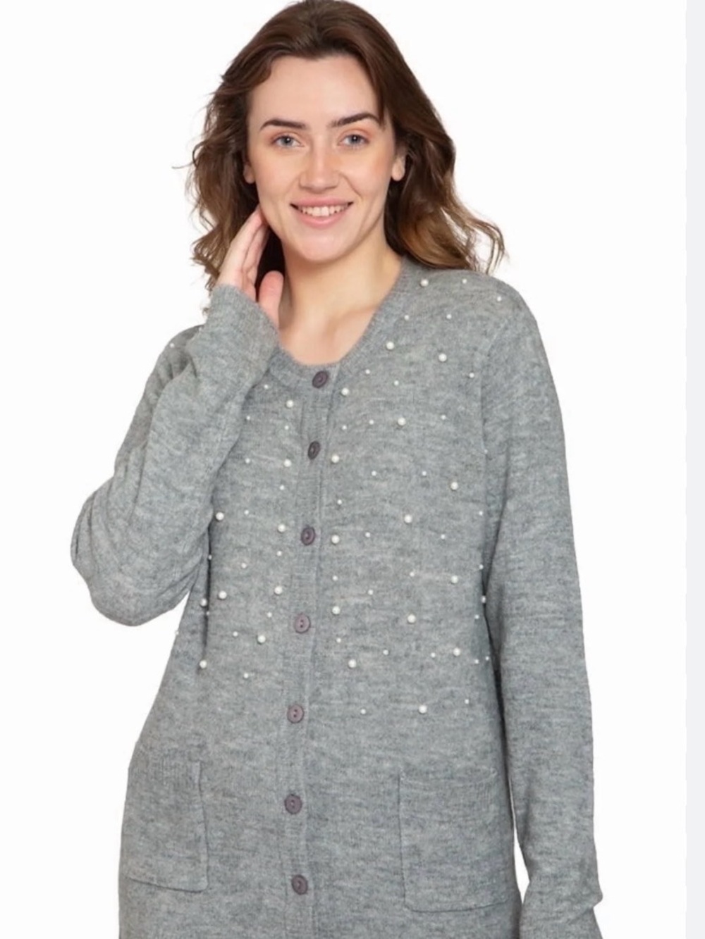 Turtle Bay New York Gray Pearl-Embellished Women's Cardigan Sweater Size Large